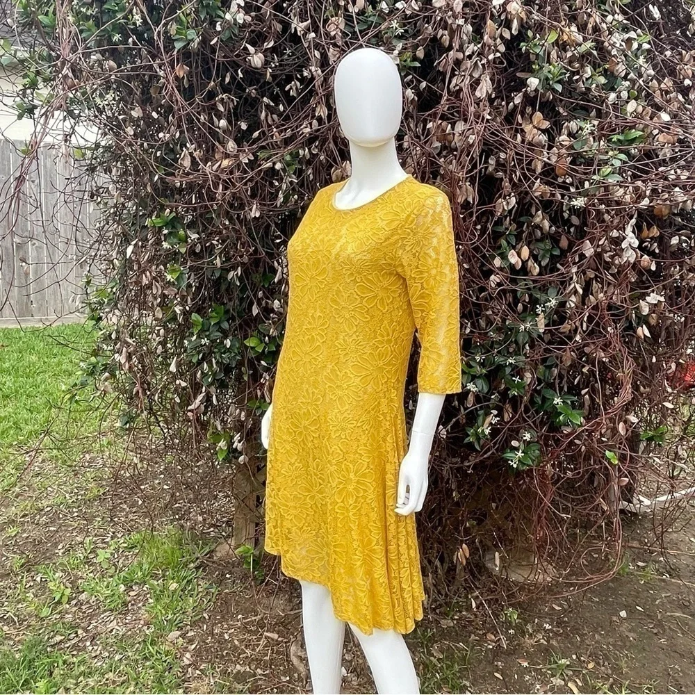 L & B Lucky & Blessed Lace Overlay Lined Mustard Yellow Midi Dress